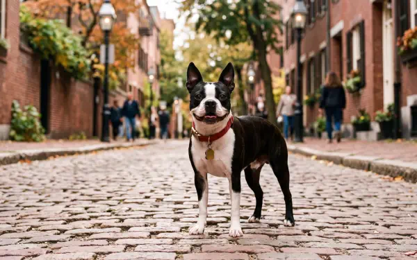 Boston Terrier dog on a cobblestone city street, vibrant 5K Ultra HD PC desktop wallpaper/background showcasing the pet in crisp detail.
