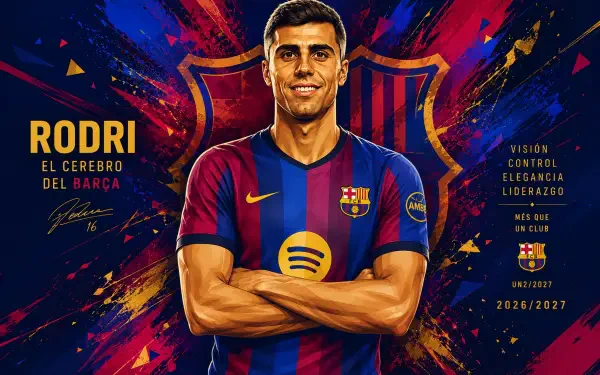 4K Ultra HD PC desktop wallpaper of a soccer player in an FC Barcelona kit, arms crossed against a vivid, stylized club crest — dynamic, colorful sports-themed illustration.