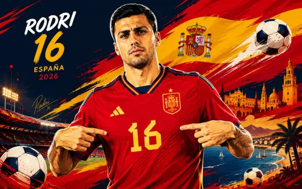 4K Ultra HD sports desktop wallpaper of a soccer player in Spain red #16 jersey pointing to his chest, with Spanish flag, stadium and footballs.