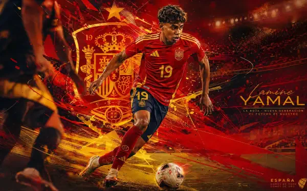 4K Ultra HD desktop wallpaper of a Spanish soccer player in a red Spain kit dribbling a ball amid dynamic red-gold stadium visuals and the national crest.