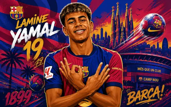 4K Ultra HD PC desktop wallpaper of an FC Barcelona soccer player in club kit celebrating, vibrant red-blue background with Camp Nou skyline and club crest — dynamic sports image.