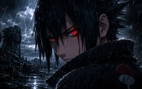 Sasuke Uchiha in pouring rain, glowing red Sharingan, dark cloak with Uchiha crest against a stormy ruined city — 4K Ultra HD PC desktop wallpaper.