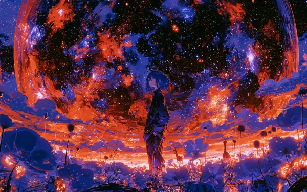 2K Quad HD PC desktop wallpaper: anime silhouette stands among glowing flowers beneath a massive planet and vivid red-blue nebula sky.