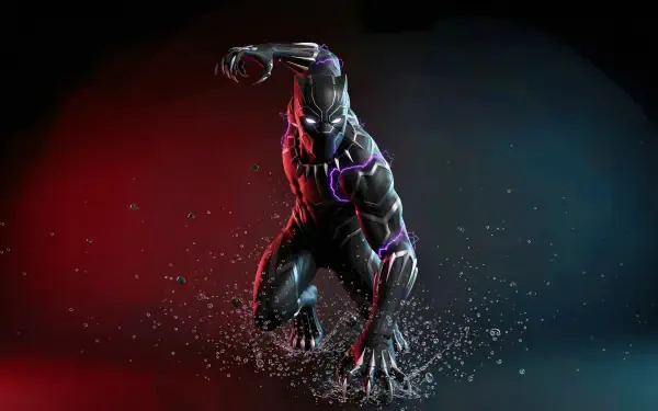Black Panther (Marvel Comics) digital art: crouching hero rising from splashing water, purple suit accents against red-blue gradient — 5K Ultra HD PC desktop wallpaper/background.