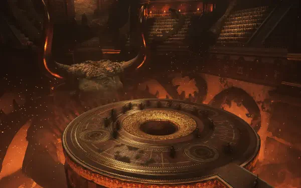 Resonance: A Plague Tale Legacy 2K Quad HD PC wallpaper — ominous molten-lit arena with a giant circular mechanical platform, spinning gears and a looming horned statue.