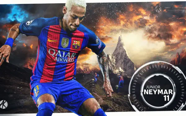 HD desktop wallpaper of a footballer in an FC Barcelona kit sprinting across a fiery volcanic landscape, with a circular Junior 11 emblem at the lower right.