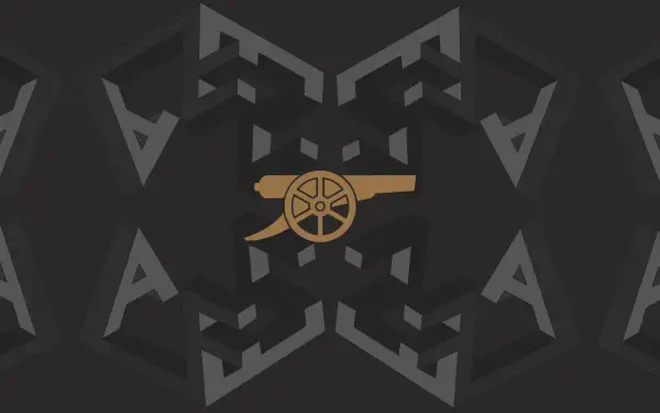 2K Quad HD PC wallpaper showing Arsenal F.C. golden cannon logo centered against a dark geometric charcoal background.