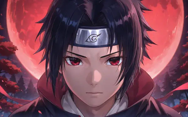 Sasuke Uchiha (Naruto) close-up, red Sharingan eyes, Leaf headband, hooded cloak before a crimson full moon — 4K Ultra HD PC desktop wallpaper.