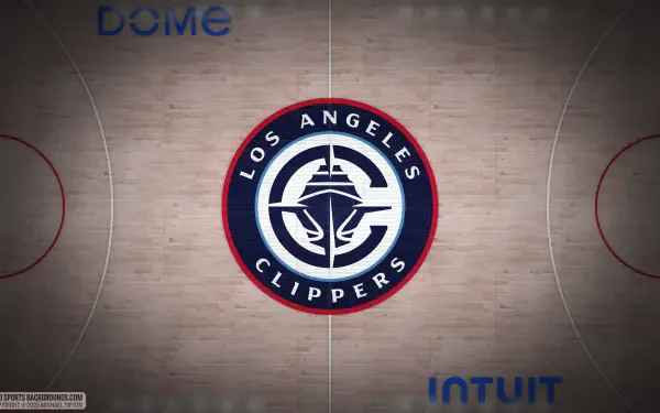 Center-court Los Angeles Clippers logo on hardwood basketball court — NBA 4K Ultra HD PC desktop wallpaper/background.