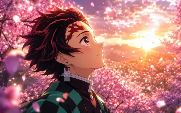 Tanjiro Kamado gazes at a glowing sunset through drifting cherry blossoms in a vivid anime scene — 4K Ultra HD PC desktop wallpaper and background.