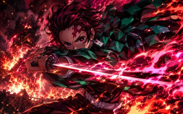 Tanjiro Kamado charging with a blazing sword through flying embers — anime 4K Ultra HD PC desktop wallpaper.