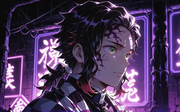 Tanjiro Kamado anime profile with glowing purple neon kanji signs and wet city streets, detailed 4K Ultra HD PC desktop wallpaper and background.