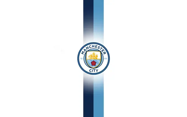2K Quad HD PC desktop wallpaper: Manchester City F.C. circular logo centered on a vertical navy-to-sky blue gradient stripe against a white background.