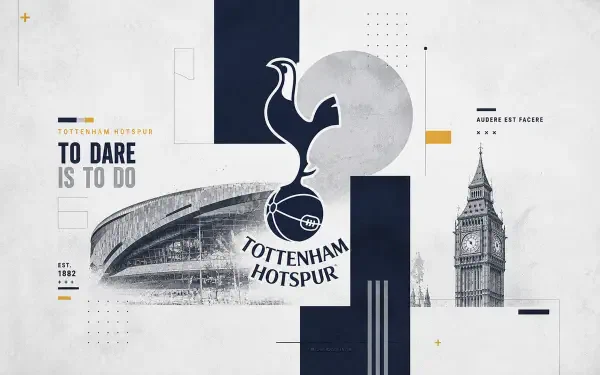 4K Ultra HD desktop wallpaper featuring Tottenham Hotspur F.C. cockerel logo above a stylized stadium and Big Ben sketch in navy, gray and white.