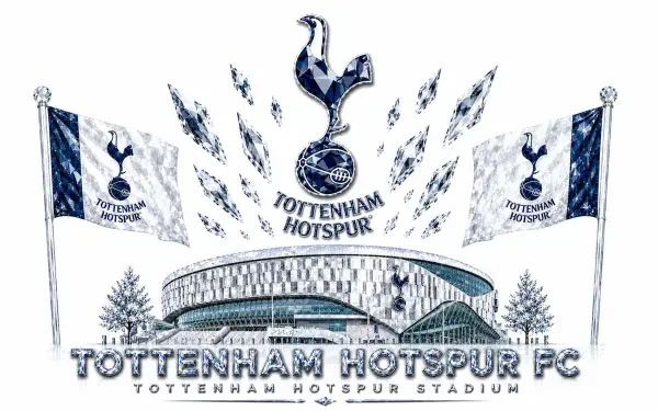 4K Ultra HD PC desktop wallpaper and background featuring Tottenham Hotspur F.C. logo above a stylized stadium, club flags, and the Tottenham Hotspur FC wordmark.