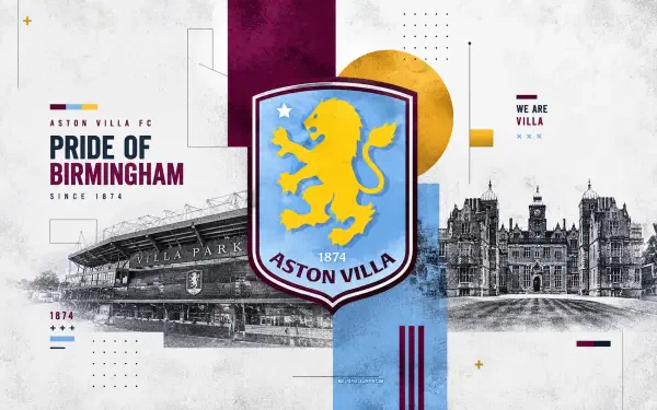 Aston Villa F.C. logo centered on a 4K Ultra HD PC desktop wallpaper background, maroon and blue stripes, Pride of Birmingham text with stadium and city sketches.