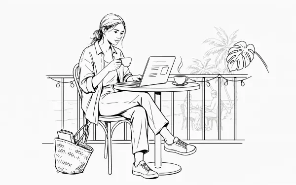 Line-art 4K Ultra HD PC Desktop Wallpaper and Background of a digital nomad: woman sipping coffee while working on a laptop at a balcony café, tote bag and plants.