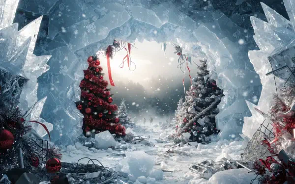 4K Ultra HD PC desktop wallpaper: snowy winter Christmas landscape inside an ice cave, two decorated Christmas trees framed by crystalline walls, twinkling lights and falling snow.