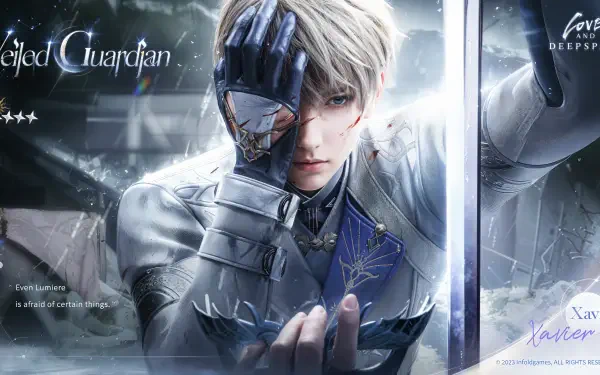 4K Ultra HD anime wallpaper: Xavier, a silver-haired guardian in a Love and Deepspace scene, gripping a shattered mirror with one gloved hand over his eye, dramatic cosmic lighting.