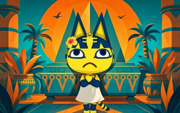 Bright 4K Ultra HD PC desktop wallpaper of Ankha, an Egyptian-themed Pharaoh cat standing in a stylized temple with pyramids, palm fronds, and a warm orange sun backdrop.