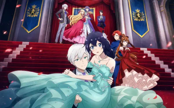 4K Ultra HD PC wallpaper: Pia from Even Though I'm a Super Timid Noble Girl — anime princess in a flowing turquoise dress, carried down palace stairs with companions.