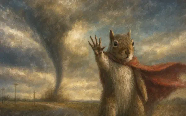 Tornado Squirrel: heroic squirrel in a red cape waves as a tornado churns under a stormy sky — 4K Ultra HD PC desktop wallpaper and background.