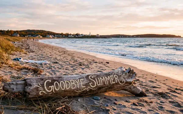 5K Ultra HD PC desktop wallpaper: sandy beach at sunset with driftwood log painted Goodbye Summer resting near the shoreline as gentle waves lap the shore.
