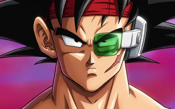HD Dragon Ball Z desktop wallpaper: Bardock close-up with red headband and green scouter, intense anime portrait on a purple-pink gradient background.