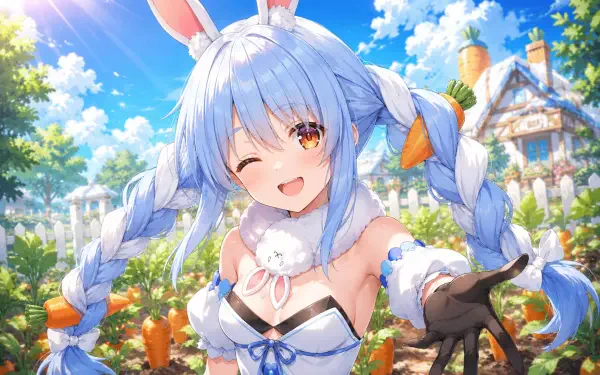 Usada Pekora (anime) smiling bunny-eared girl with blue braided hair, winking and reaching out in a sunny carrot garden by a cottage — 4K Ultra HD PC desktop wallpaper/background.