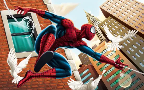 Vibrant digital art 4K Ultra HD PC wallpaper of Spider-Man leaping between city buildings, web-line extended, white doves swirling amid towering skyscrapers.