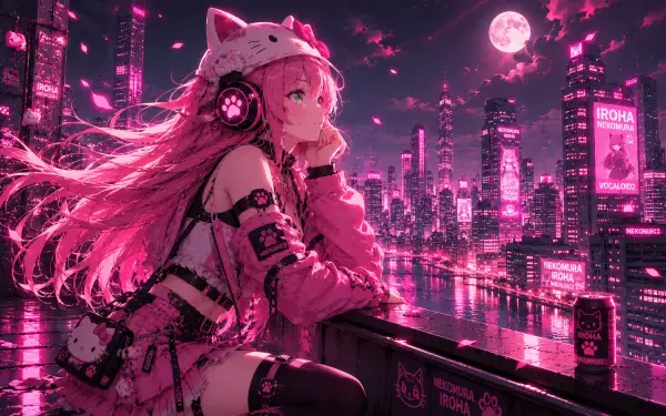 Nekomura Iroha (anime) in a pink cyberpunk nightscape, neon skyline and full moon — detailed 4K Ultra HD PC desktop wallpaper/background of the cat-eared idol on a balcony.