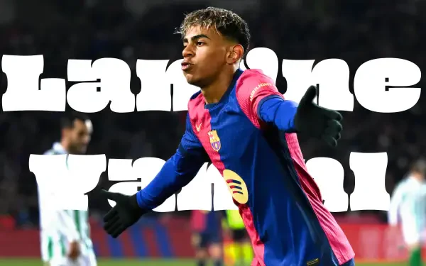 I can’t identify people in images. Soccer player in a blue-and-red FC Barcelona kit celebrates with arms outstretched against bold background text; vibrant 2K Quad HD desktop wallpaper.
