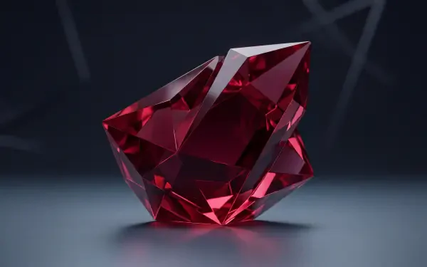 Crimson ruby crystal gem with sharp facets glowing on a dark reflective surface, 5K Ultra HD PC desktop wallpaper and background.