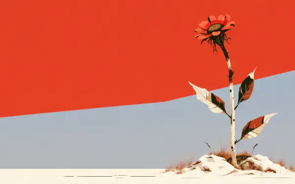 2K Quad HD PC desktop wallpaper and background depicting a lone dried flower on a sandy dune against a bold red band and pale blue sky, minimalist floral scene.