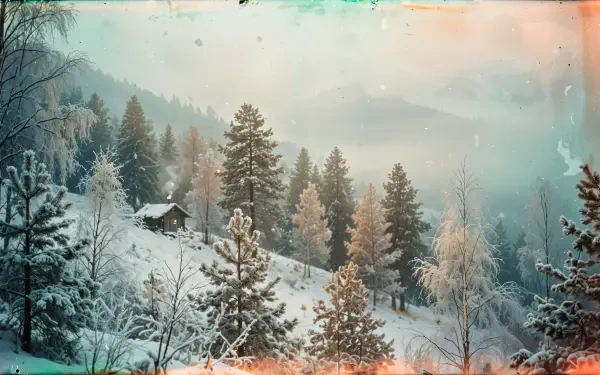 Aesthetic winter 4K Ultra HD PC desktop wallpaper: snow-covered forest with frosted trees on a misty mountainside and a small cabin.