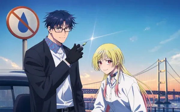 4K Ultra HD PC desktop wallpaper: Marriagetoxin anime — a dark-suited, bespectacled man and a blonde woman posing on a sunset bridge.