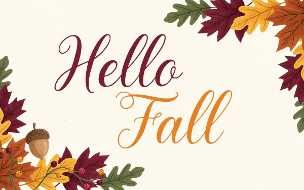 Hello Fall script on a cream background framed by colorful autumn leaves, acorns and leaf accents — 4K Ultra HD PC desktop wallpaper/background celebrating fall.