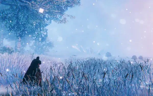 Valheim HD PC desktop wallpaper: lone silhouetted figure in a foggy frost-covered field with distant trees, soft snowfall and a muted pastel sky.