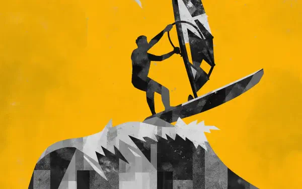 Silhouetted windsurfer catching air above a stylized wave against a bold yellow backdrop — 2K Quad HD PC desktop wallpaper/background, tagged windsurfing, surfer.