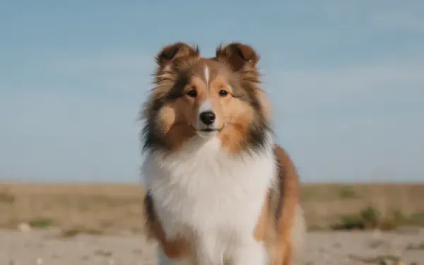 Shetland sheepdog (dog) standing on a sandy plain under a clear blue sky — 2K Quad HD PC desktop wallpaper and background.