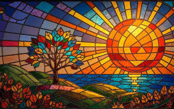 Goodbye Summer stained-glass 4K Ultra HD PC desktop wallpaper: mosaic sun setting over the ocean, colorful tree on rolling hills with shimmering rays.