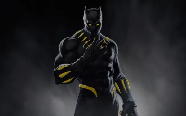 Black Panther (Marvel Comics) digital art: muscular hero in a black suit with glowing yellow accents, rendered as a 4K Ultra HD PC desktop wallpaper against a moody, misty background.