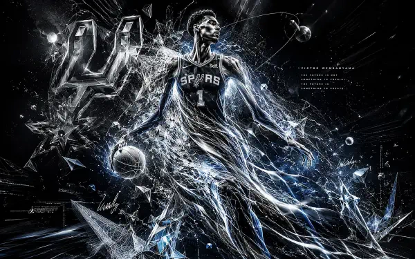 4K Ultra HD desktop wallpaper: towering San Antonio Spurs player in stylized electric motion, dribbling a basketball amid shards of light and shattered-glass effects.