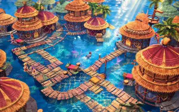 Eternal Anima 4K Ultra HD PC desktop wallpaper showing a colorful resort of thatched bungalows perched over a turquoise lagoon, connected by wooden walkways.