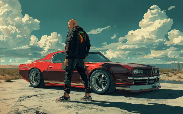4K Ultra HD PC desktop wallpaper: digital art of a lone driver in jacket beside a red muscle car on a sunlit desert highway under dramatic clouds.