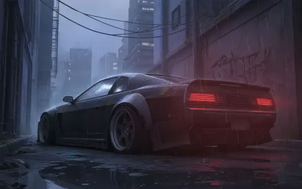 Digital art 4K Ultra HD PC desktop wallpaper of a Dodge at night, parked in a wet, neon-lit urban alley with glowing rear taillights and misty skyscrapers.
