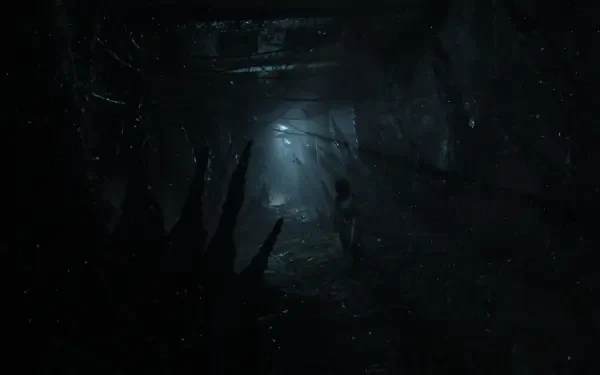 Resonance: A Plague Tale Legacy HD PC desktop wallpaper — lone silhouette in a foggy, rat-filled underground tunnel illuminated by a distant eerie blue light.