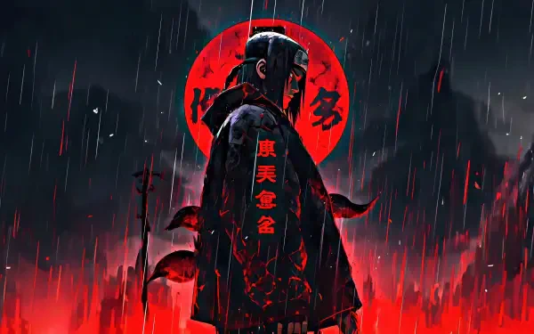 Itachi Uchiha anime 4K Ultra HD PC desktop wallpaper — lone figure in Akatsuki cloak standing in rain before a blood-red moon, crimson flames and shadowed mountains.