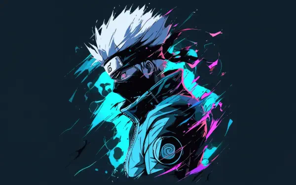 5K Ultra HD PC desktop wallpaper of Kakashi Hatake (Naruto): masked, spiky white hair, one eye visible, neon teal and magenta paint-splash effects on dark background.