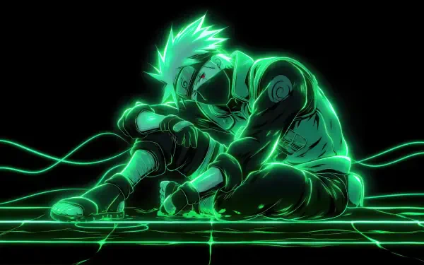 Kakashi Hatake (Naruto) glowing neon green, crouched on a luminous grid in mask and headband — 5K Ultra HD PC desktop wallpaper/background.